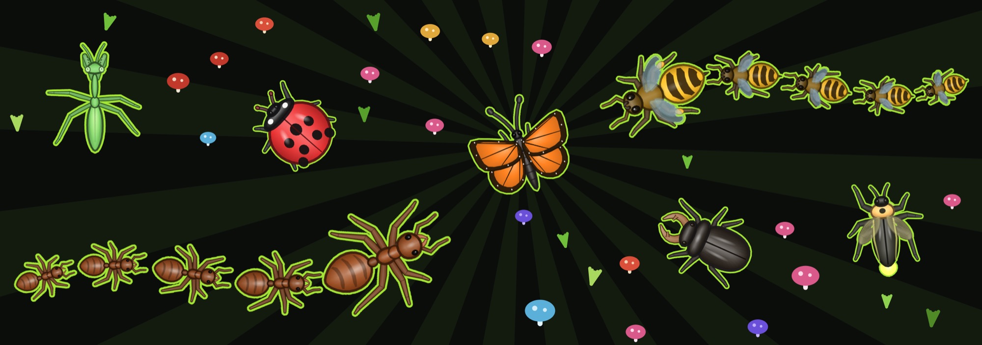 buggs.io's cast on the game's sunburst: a praying mantis, a ladybird, a monarch butterfly, a stag beetle, a firefly, and lines of ants and bees.