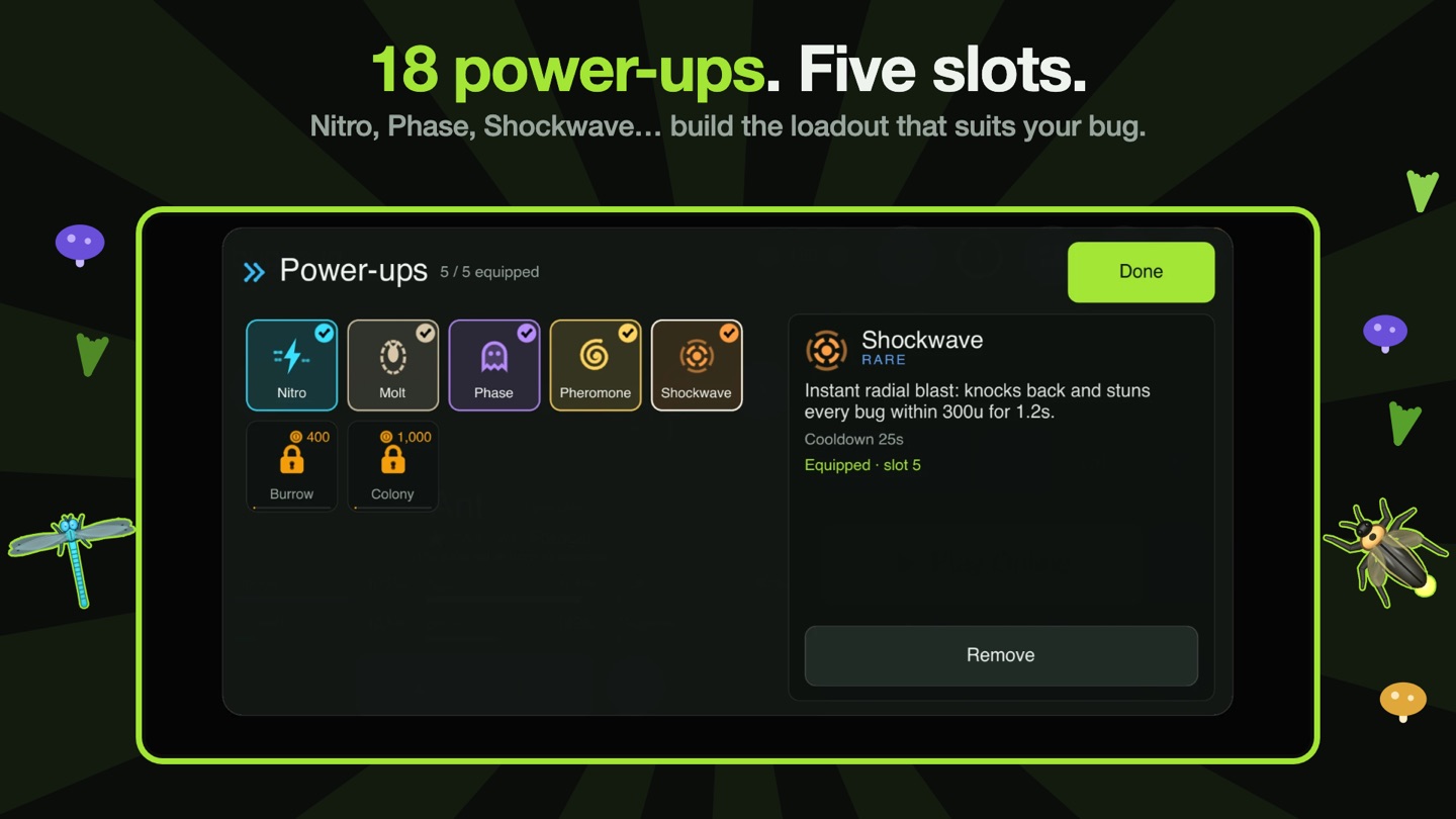 buggs.io power-ups screen: 18 power-ups, five slots.