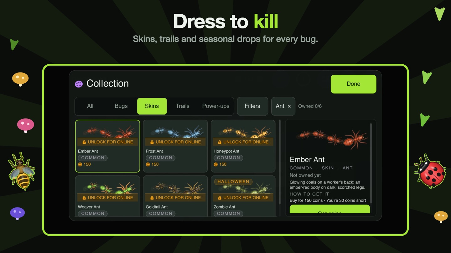 buggs.io collection screen: skins and trails for every bug.