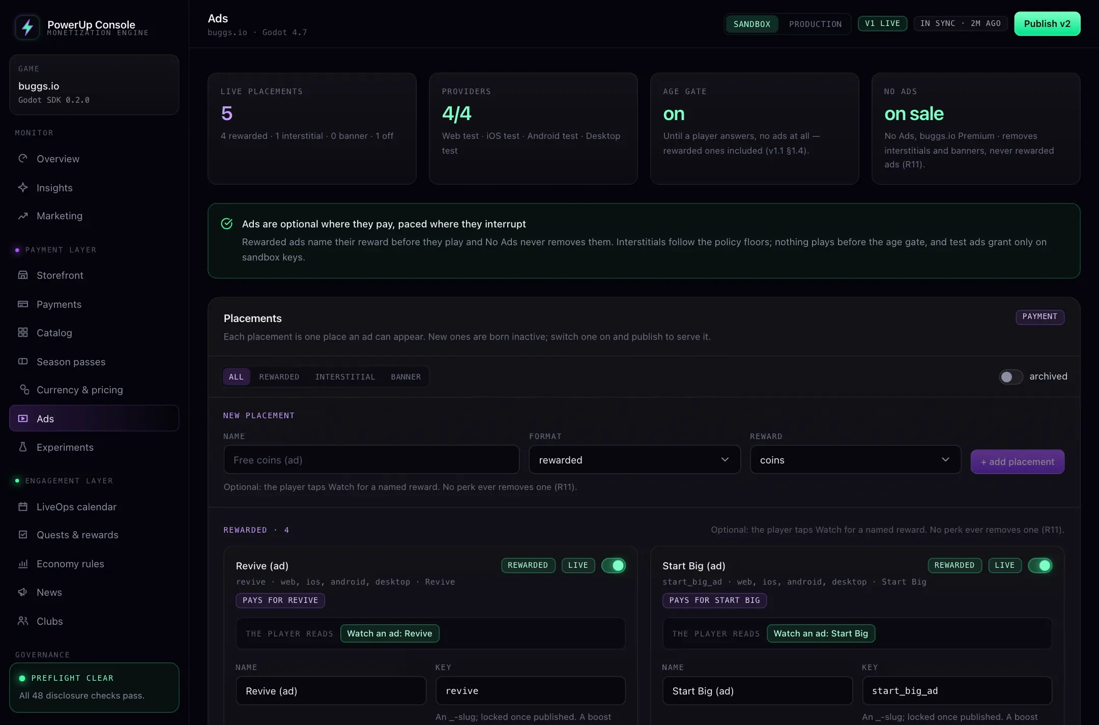 The PowerUp console's Ads page: five live placements, test providers on all four platforms, the age gate on and No Ads on sale, then rewarded placements for a revive and Start Big