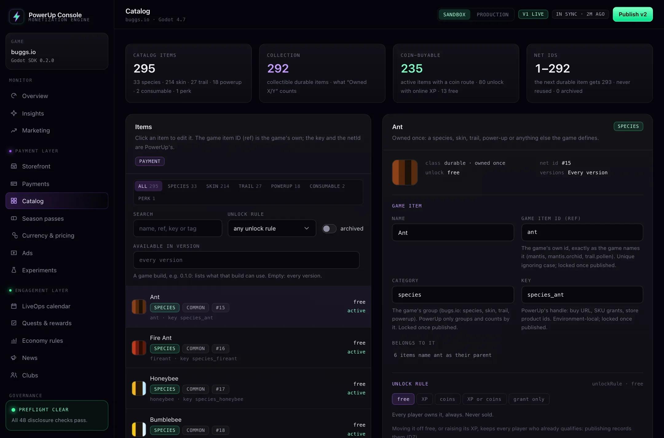 The PowerUp Console's catalog for buggs.io: every collectible with its unlock rule.
