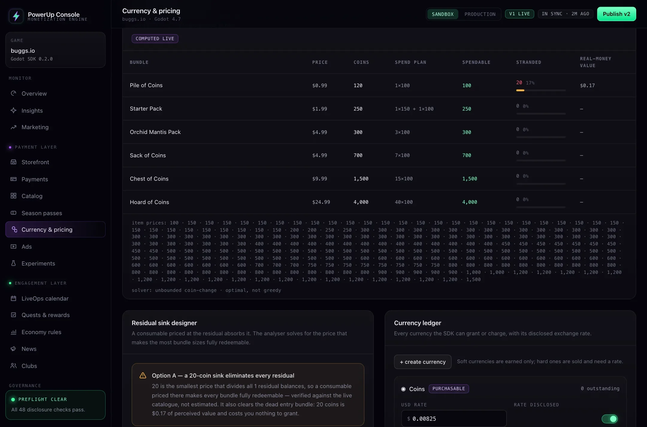 The PowerUp console's stranded balance analyser: each coin bundle with its price, coins, spend plan, spendable coins and stranded coins, and a suggested 20-coin sink below.