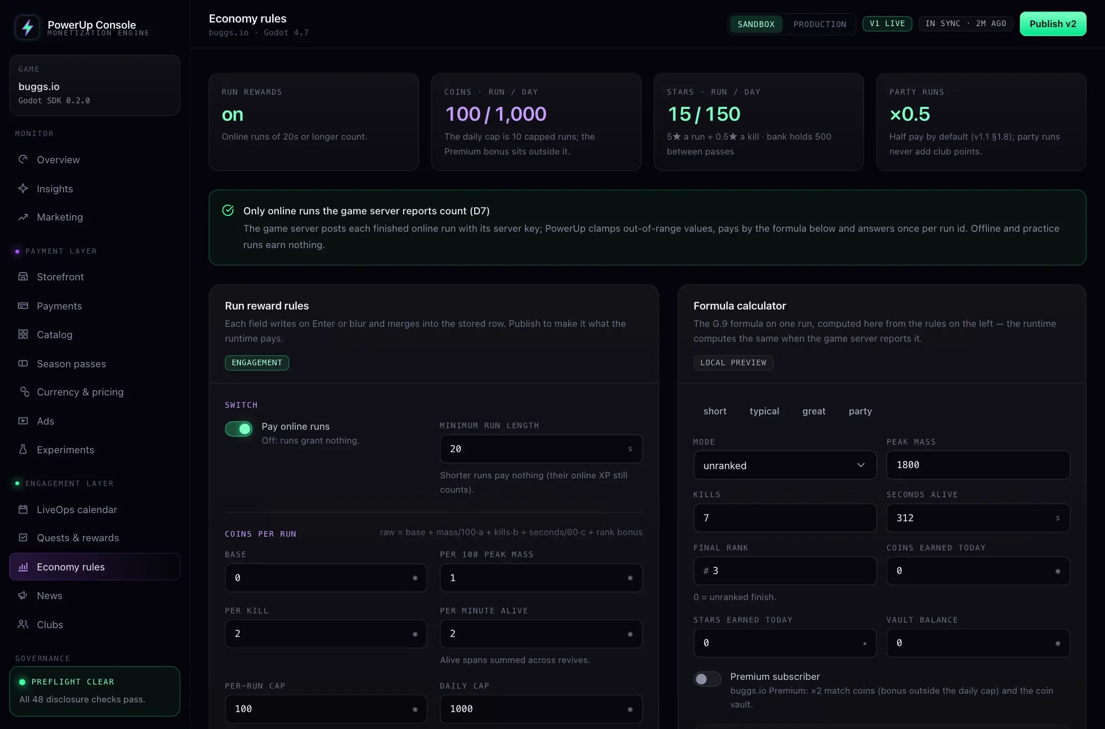 The PowerUp console's Economy rules screen: run rewards on, coin and star caps per run and per day, a minimum run length of 20 seconds, and a formula calculator.