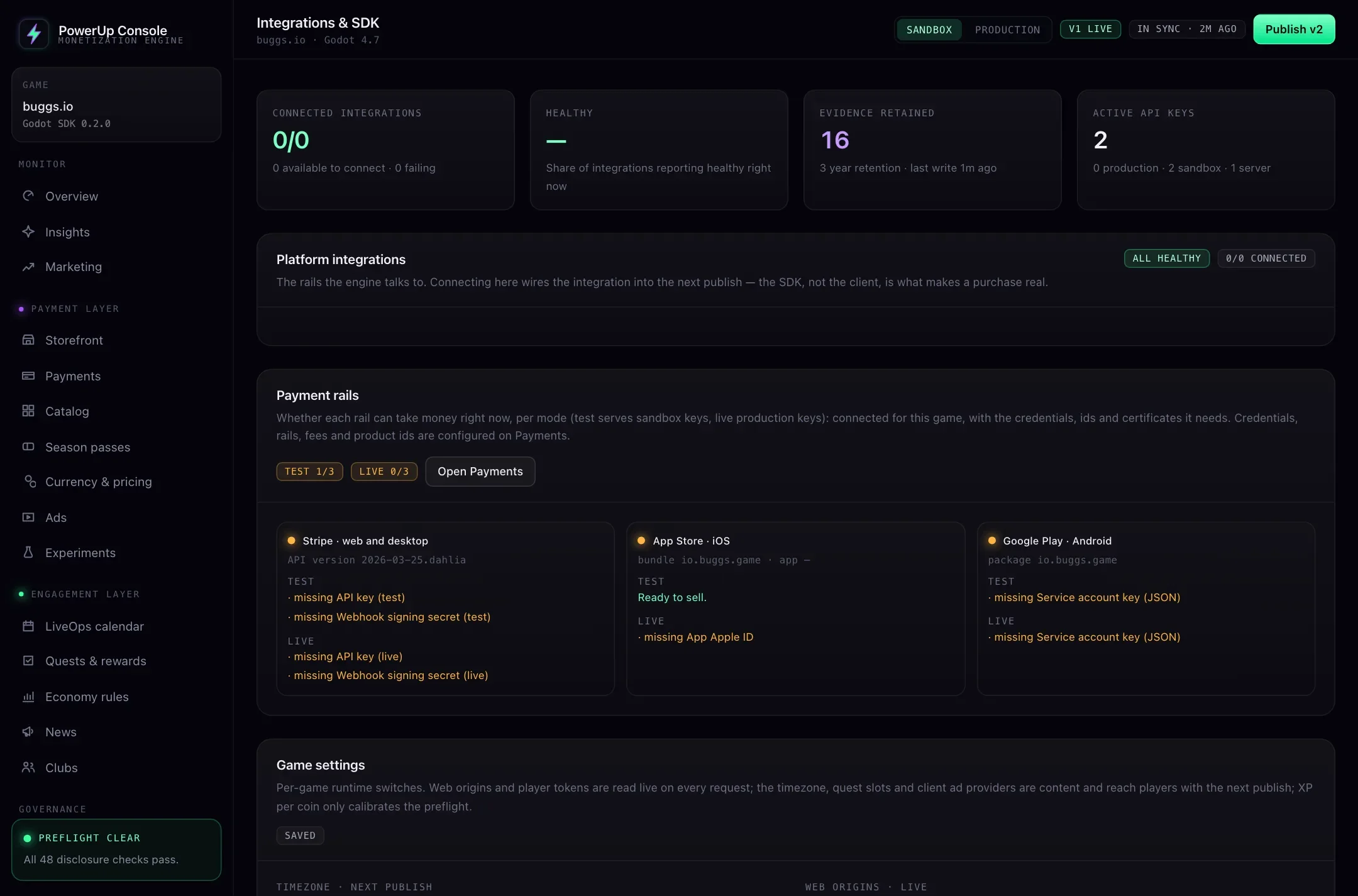 The PowerUp console's Integrations and SDK page: active API keys, whether Stripe, the App Store and Google Play are ready in test and live, and game settings.