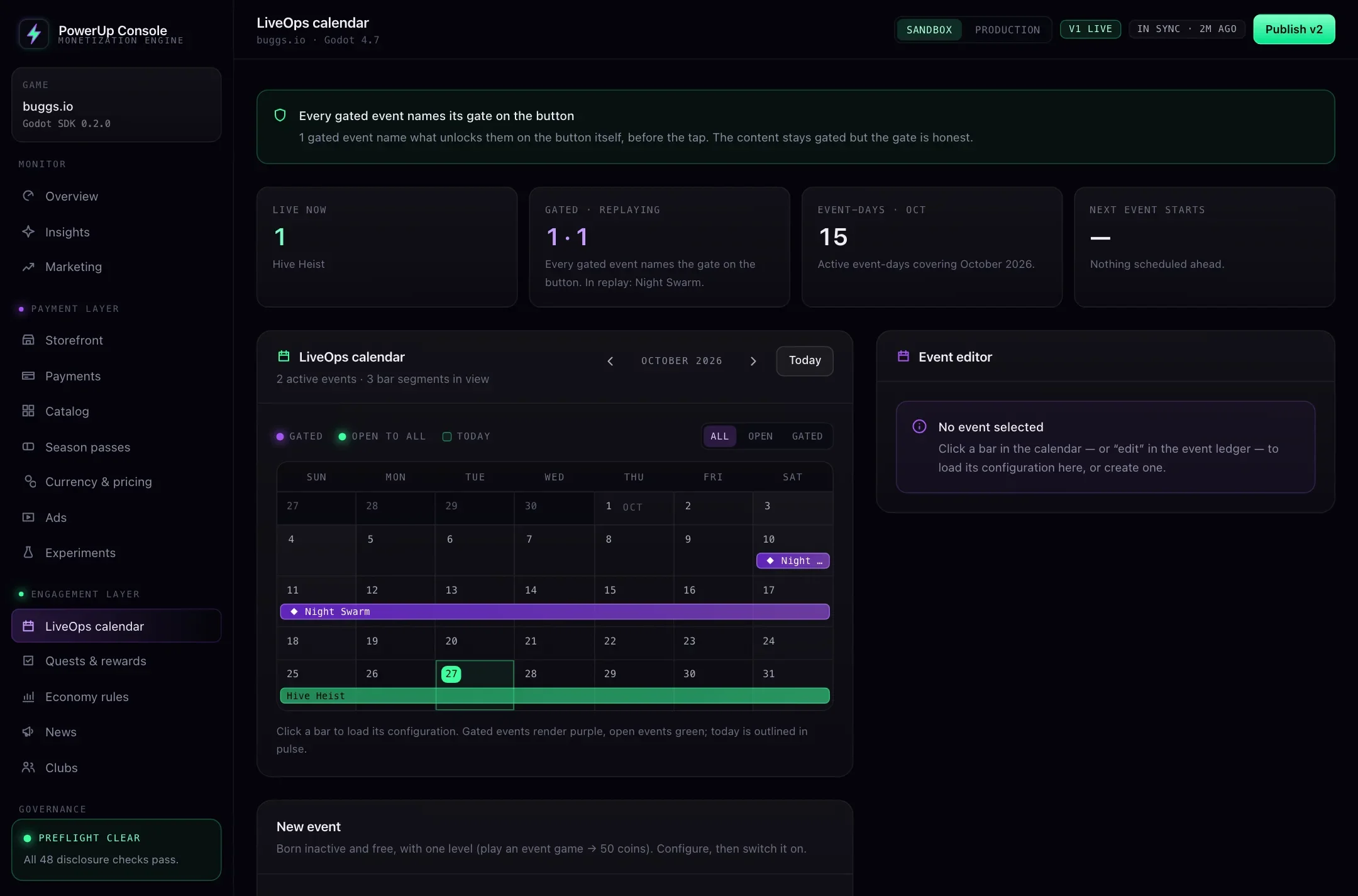 The PowerUp console's LiveOps calendar for buggs.io, showing a gated event in replay and an open event live this week