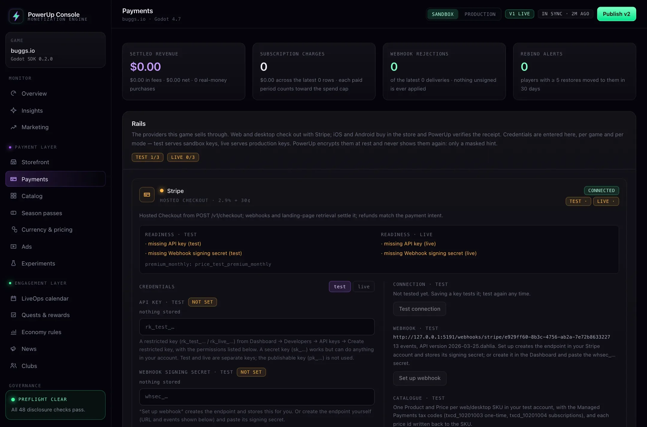 PowerUp console Payments page showing the Stripe rail: test and live readiness, credentials, a connection test, webhook setup and the catalog sync.