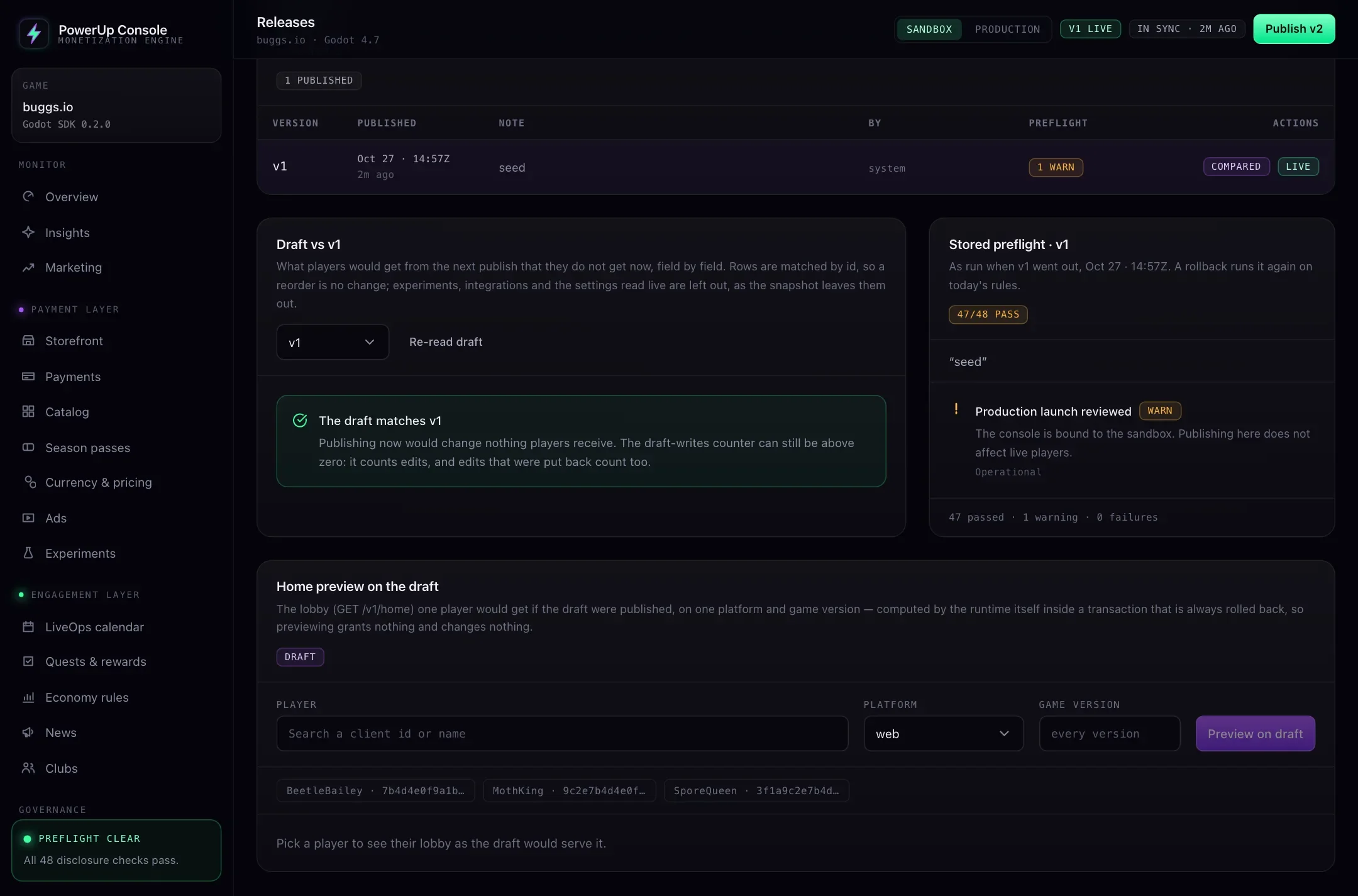 The Releases page of the PowerUp console: the published versions, the draft compared with v1, the preflight stored with it, and a home preview on the draft
