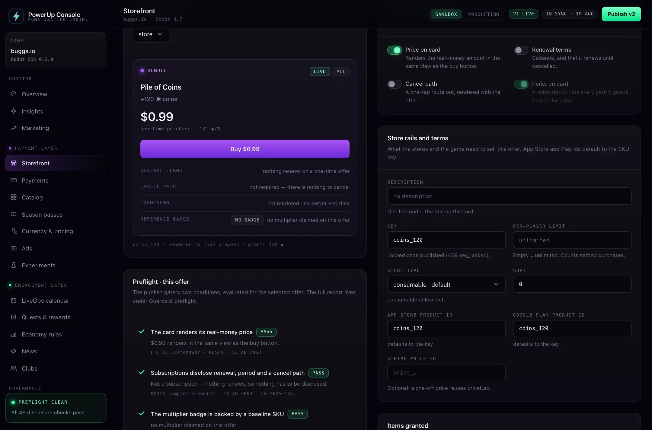 The PowerUp console's store card preview: the Pile of Coins bundle at $0.99 for 120 coins, with its renewal, cancel, countdown and badge rows and the publish checks for the offer.