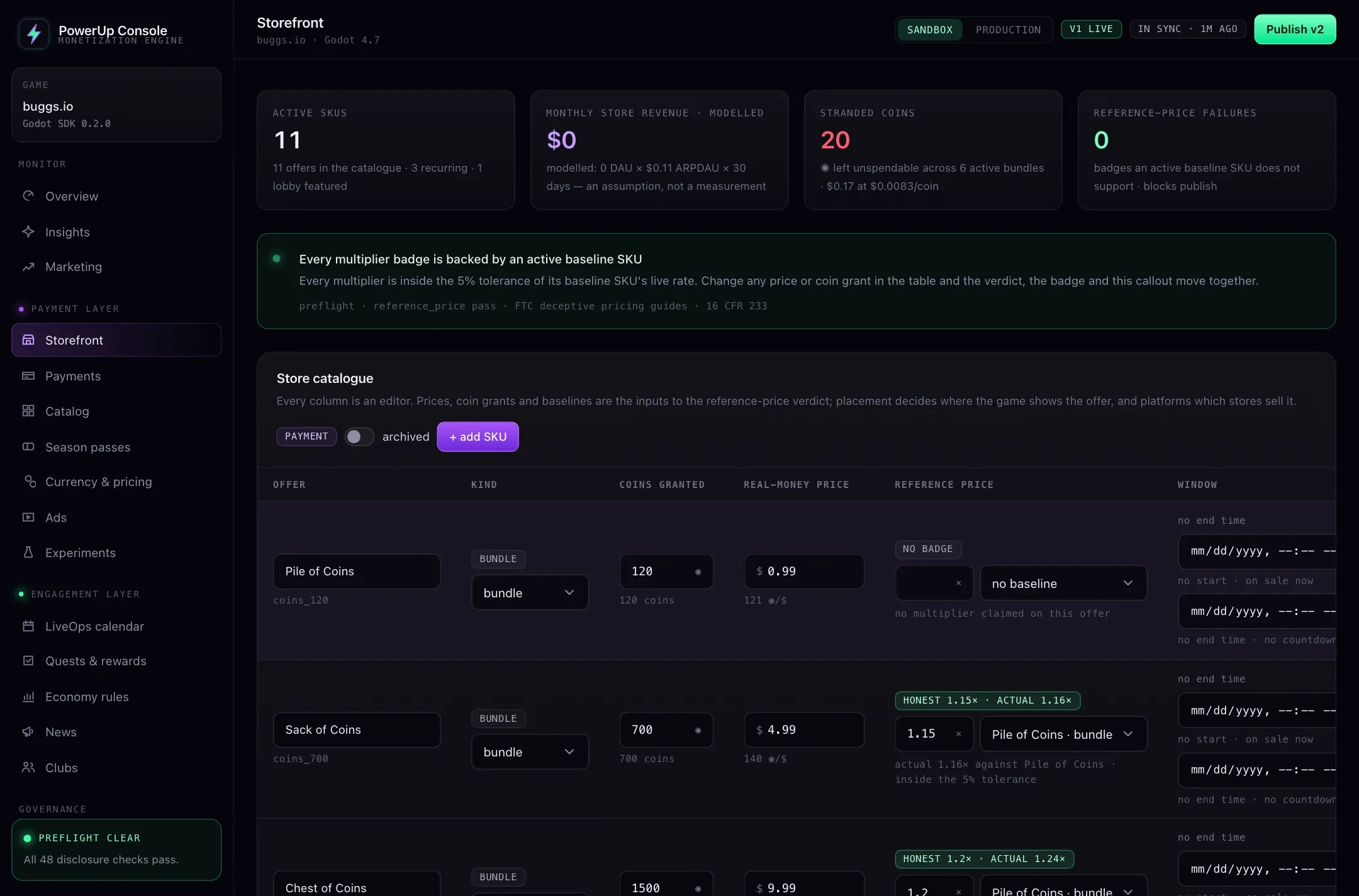 The PowerUp console's Storefront page for buggs.io: coin bundles with the coins they grant, their real-money price and a checked value badge.